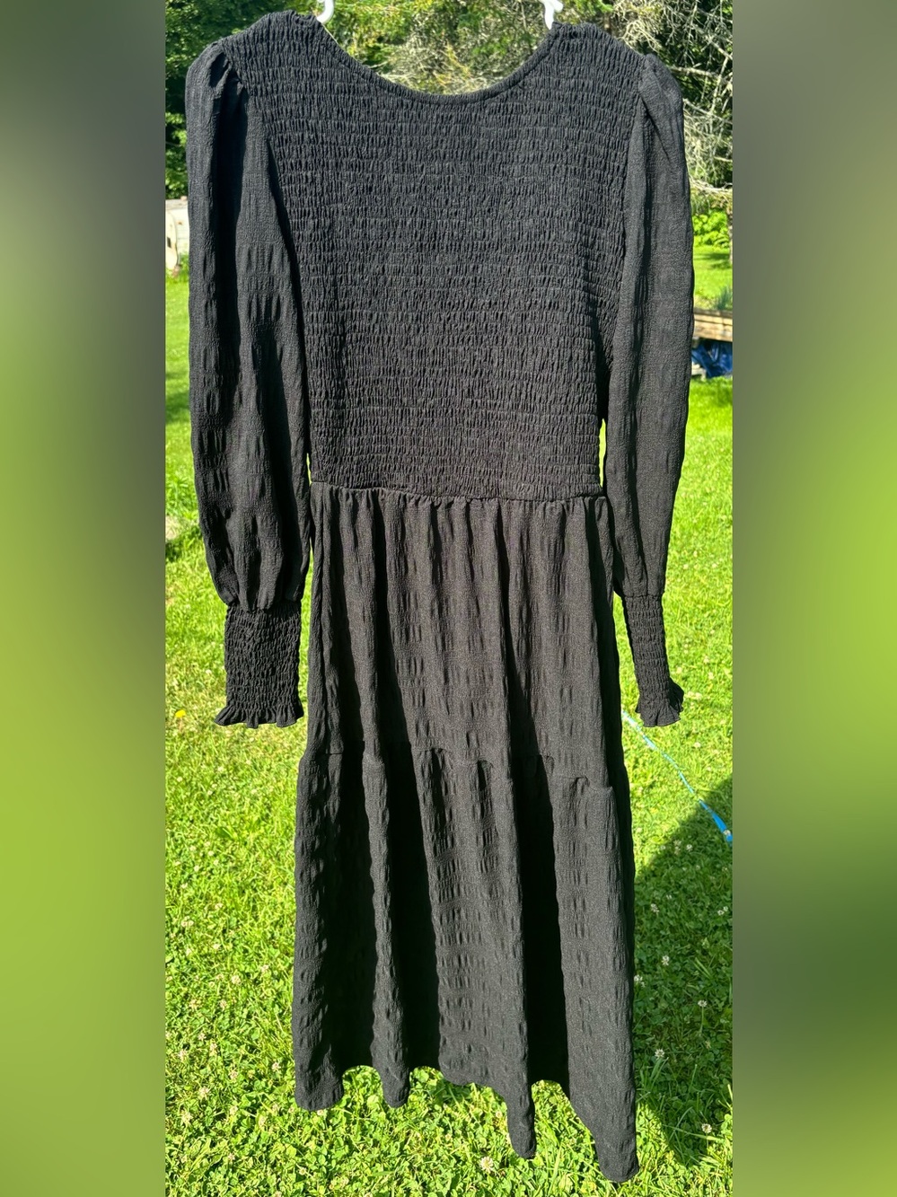 Smocked Long-Sleeve Midi Dress - Black
